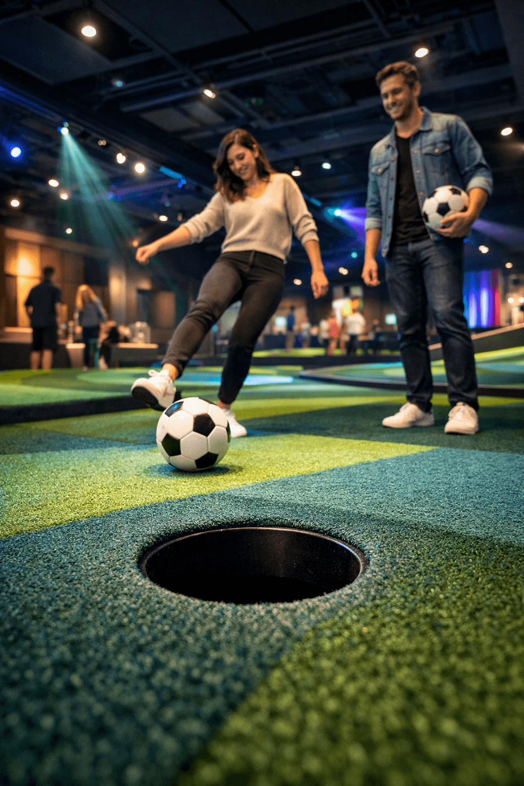 Couple enjoying soccer-golf with colorful spotlights