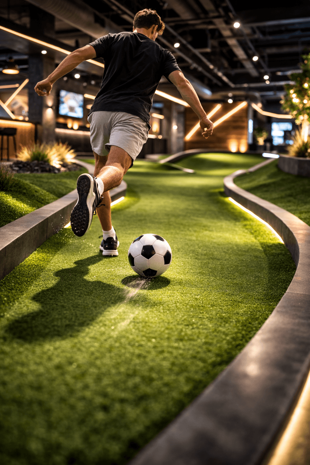 Player on winding indoor course with neon lighting